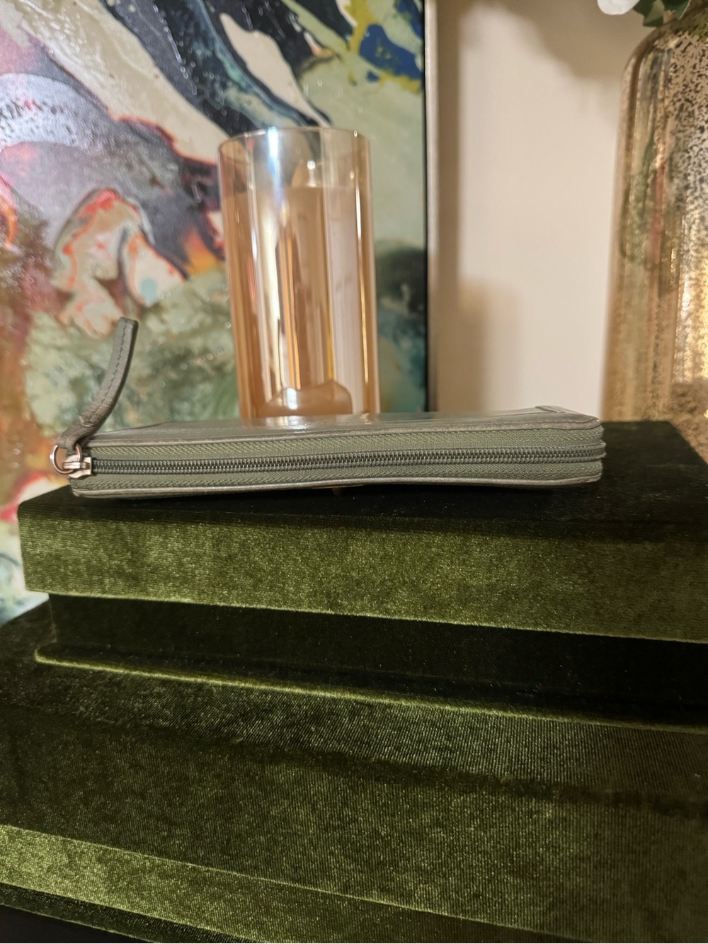 Olive Green Leather Zip Wallet with Gold Turn-Lock - Picture 2 of 12